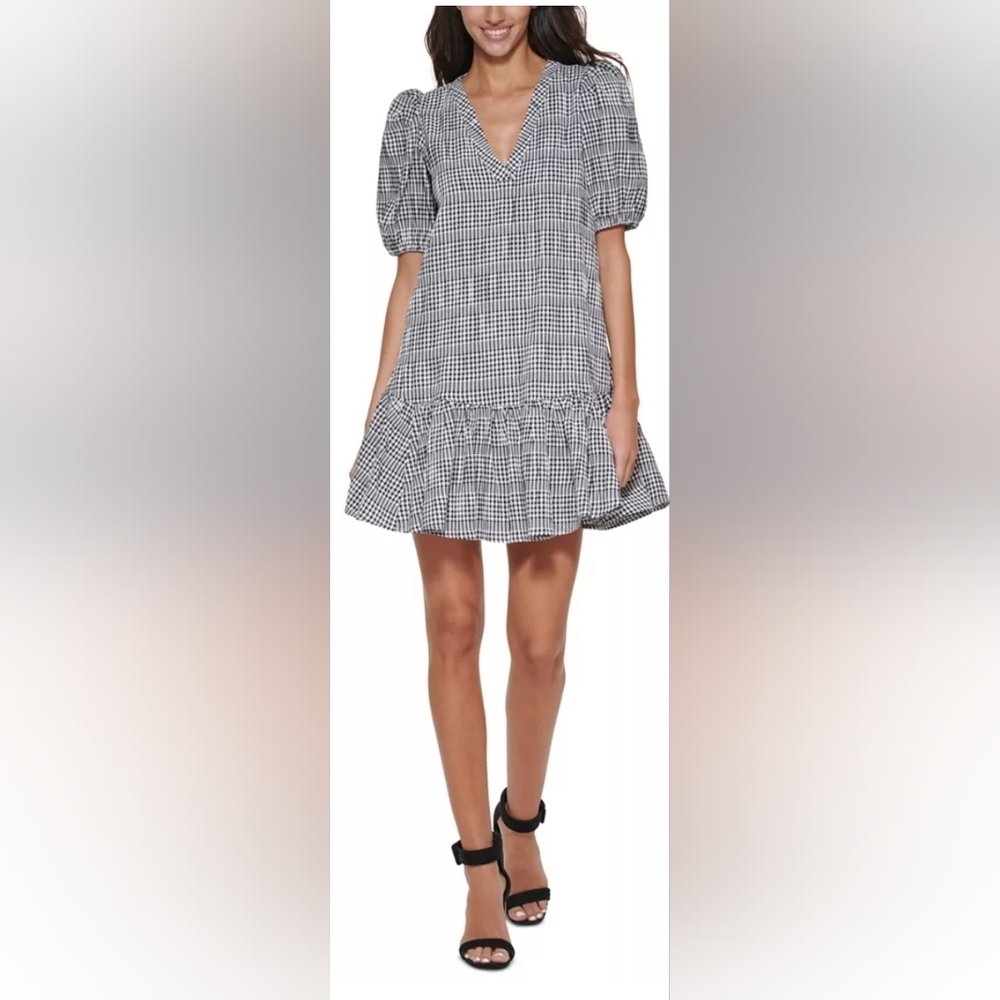 Calvin Klein Classic Black and White Checkered Gingham Babydoll Dress Size 16